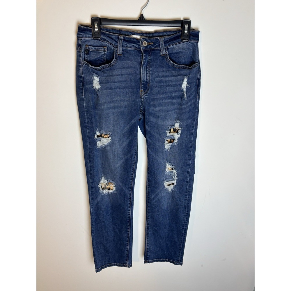 KanCan Blue Leopard Print Distressed Jeans Med Wash Womens 11/29